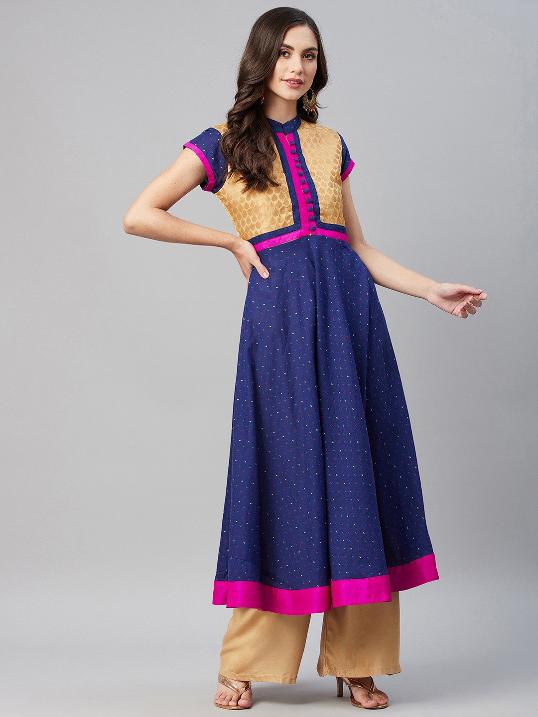 

MBE Women Blue & Beige Colourblocked Indigo Cotton Anarkali Kurta