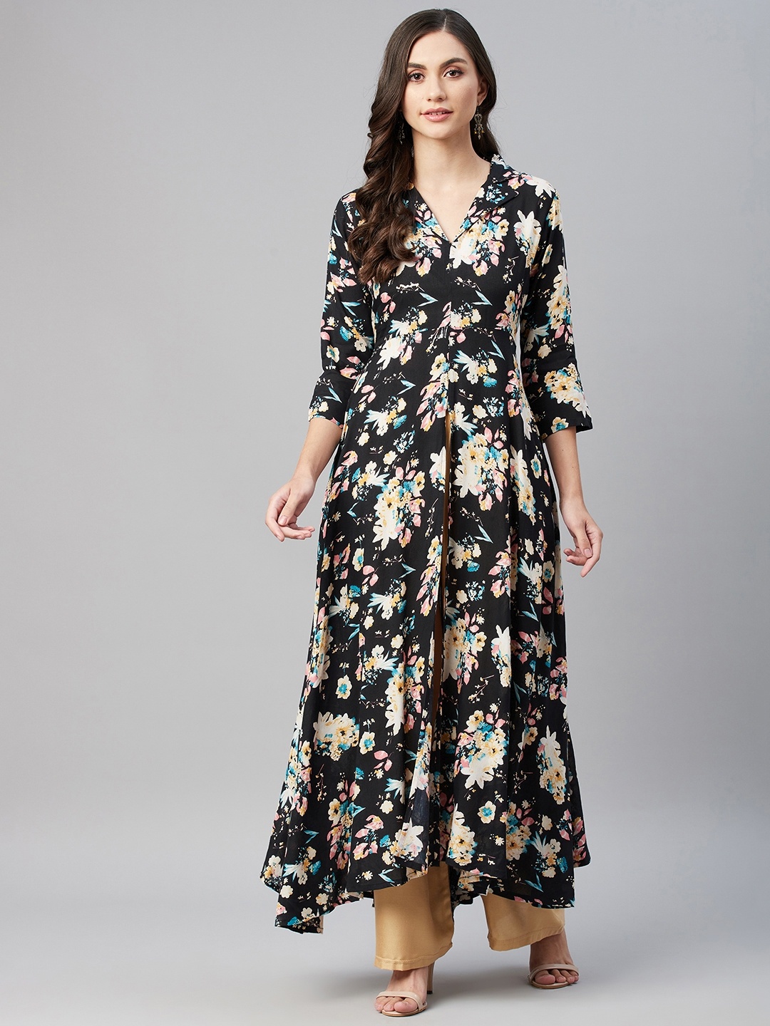 

MBE Women Black & Yellow Floral Printed Floral Anarkali Kurta