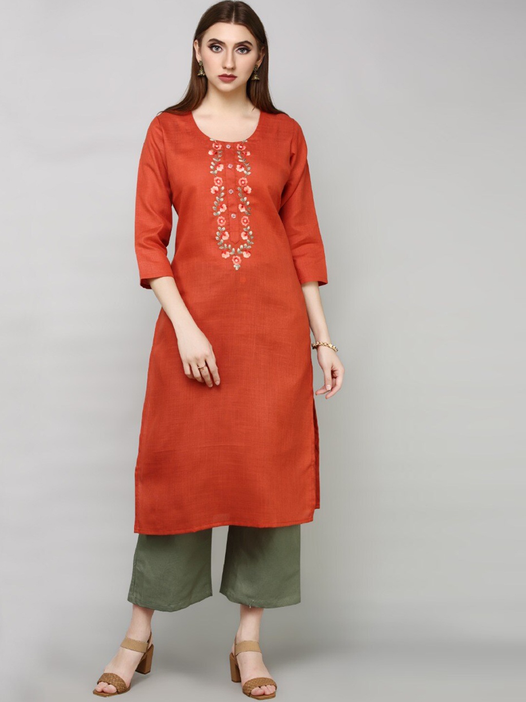 

HAVVA FASHION Women Orange & international orange Flared Sleeves Mirror Work Kurta