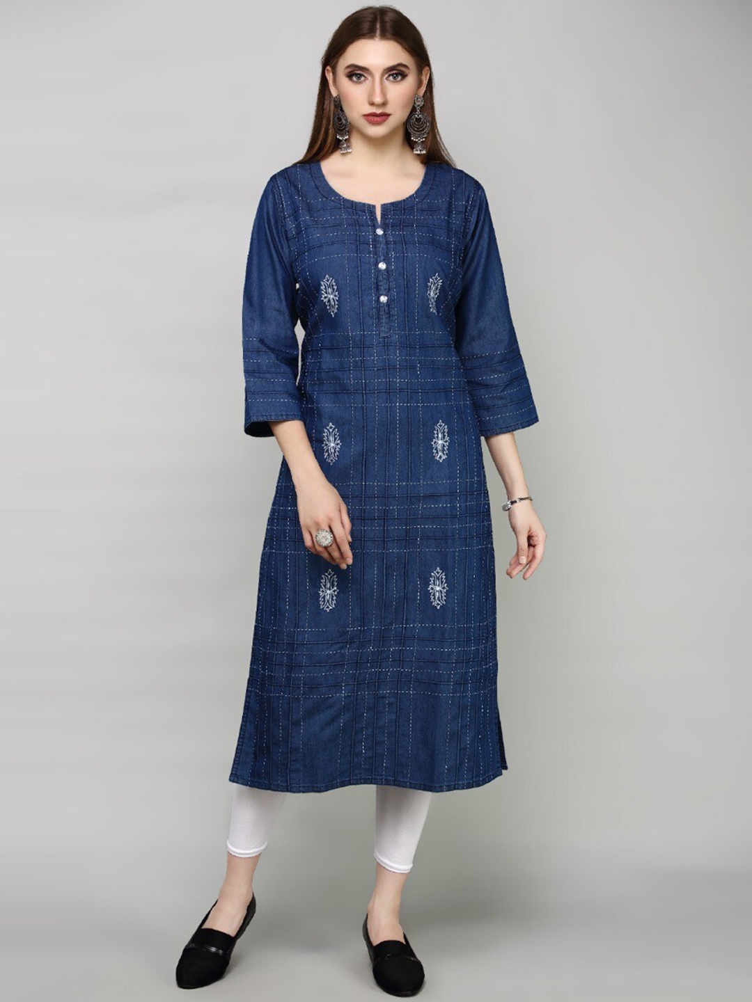 

HAVVA FASHION Women Navy Blue Checked Mirror Work Denim Kurta
