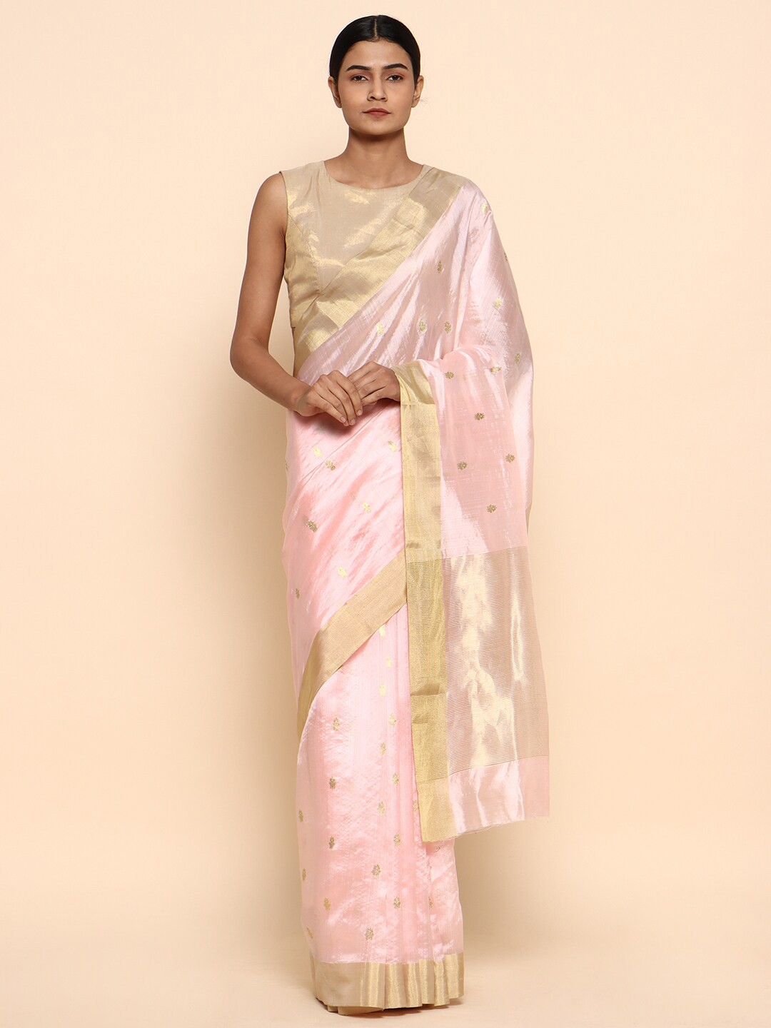 

CHOWDHRAIN Pink & Golden Ethnic Motifs Pure Silk Chanderi Saree