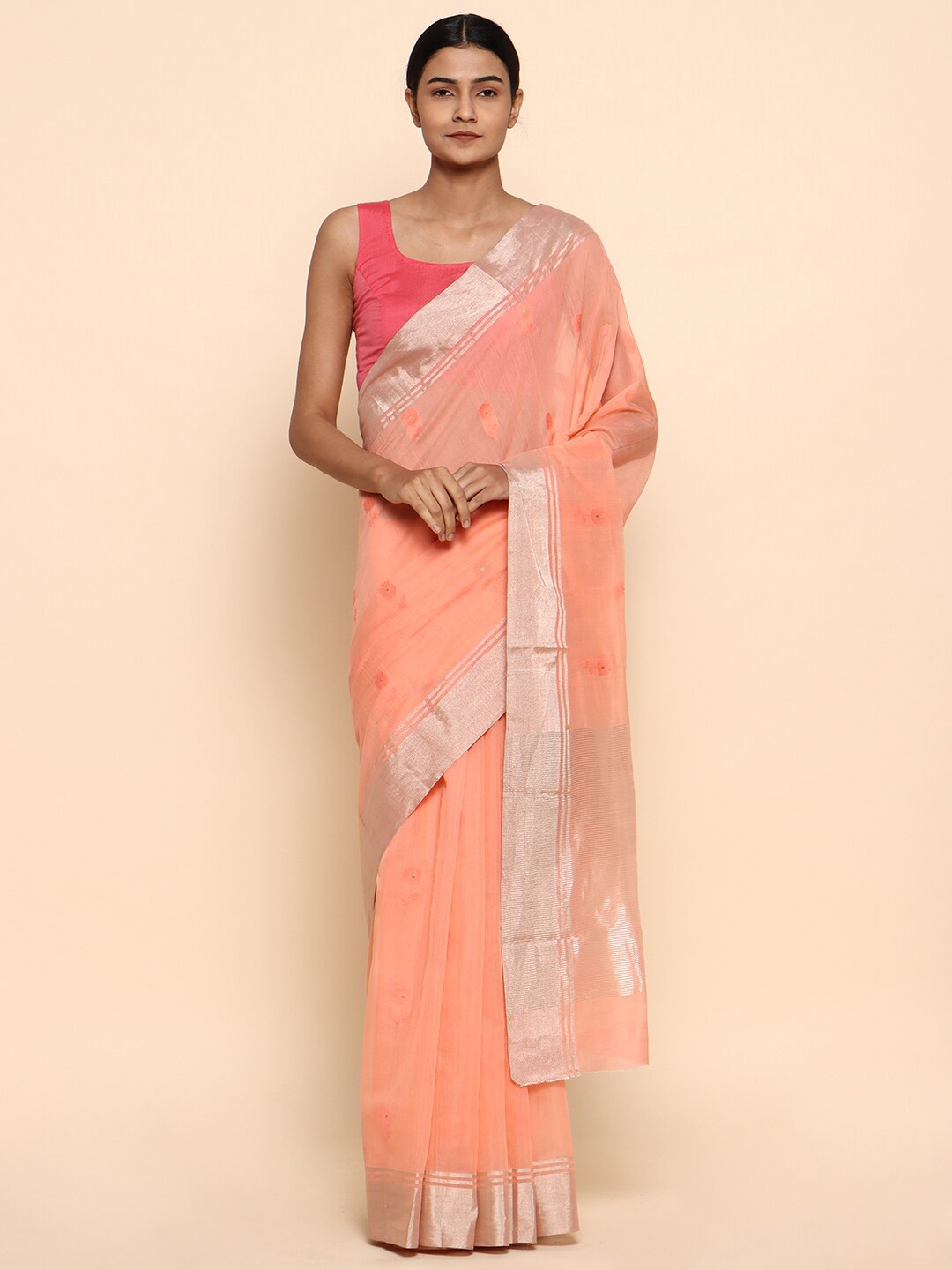 

CHOWDHRAIN Peach-Coloured & Silver-Toned Pure Cotton Chanderi Saree