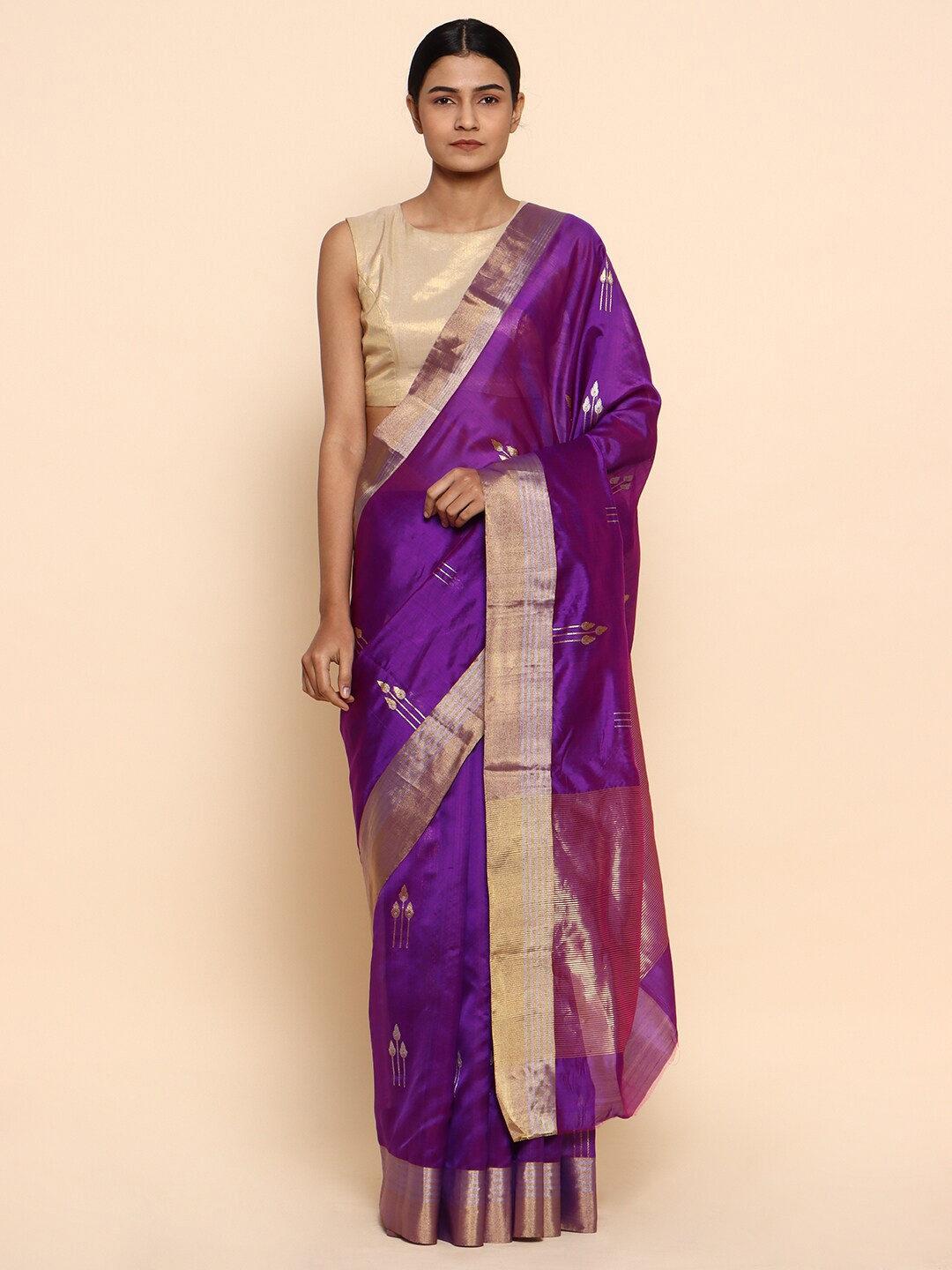 

CHOWDHRAIN Purple & Gold-Toned Woven Design Zari Pure Silk Chanderi Saree