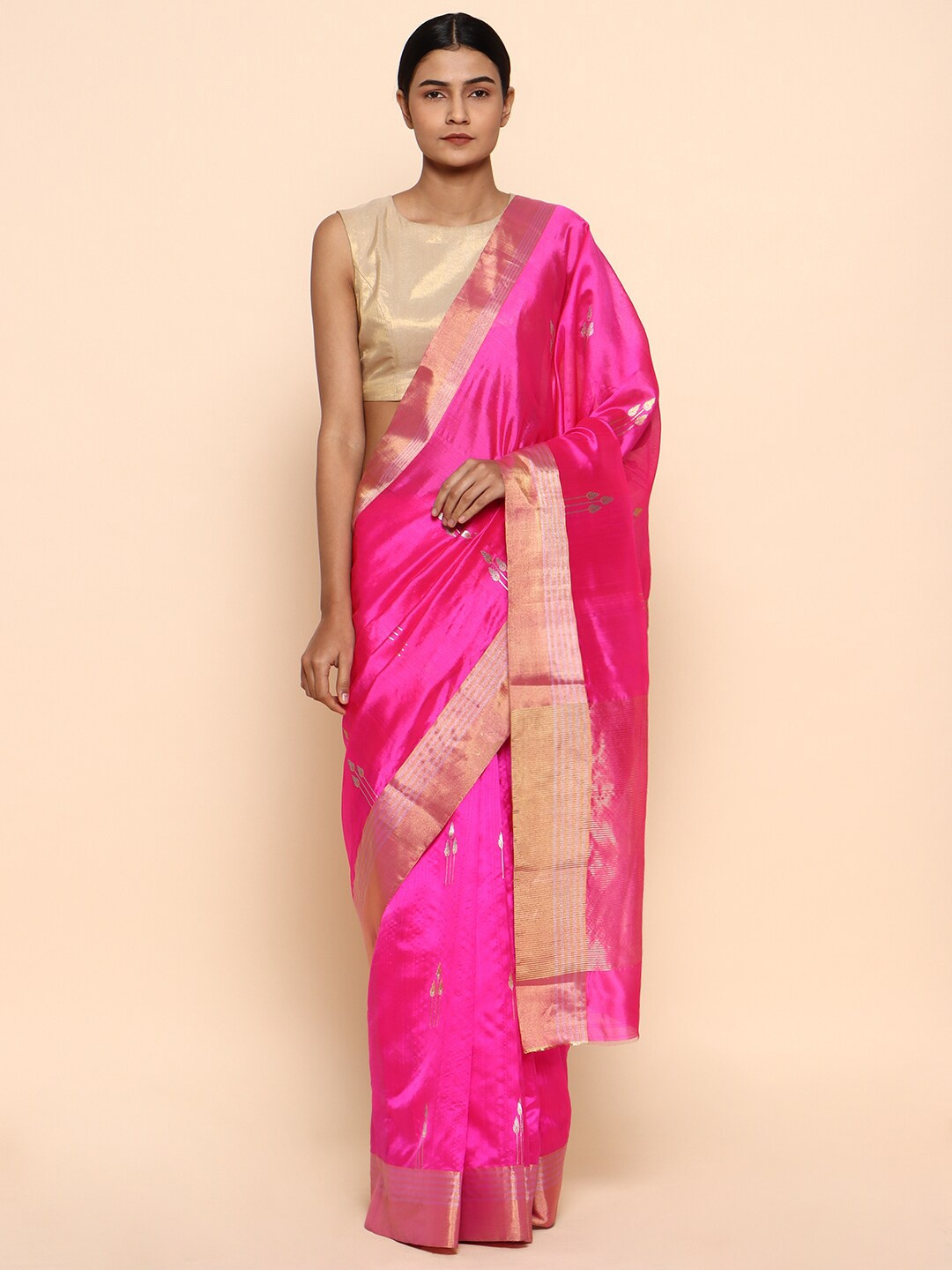 

CHOWDHRAIN Pink & Gold-Toned Woven Design Zari Pure Silk Chanderi Saree