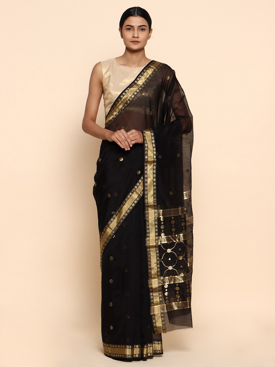 

CHOWDHRAIN Black & Gold-Toned Woven Design Zari Silk Cotton Heavy Work Chanderi Saree