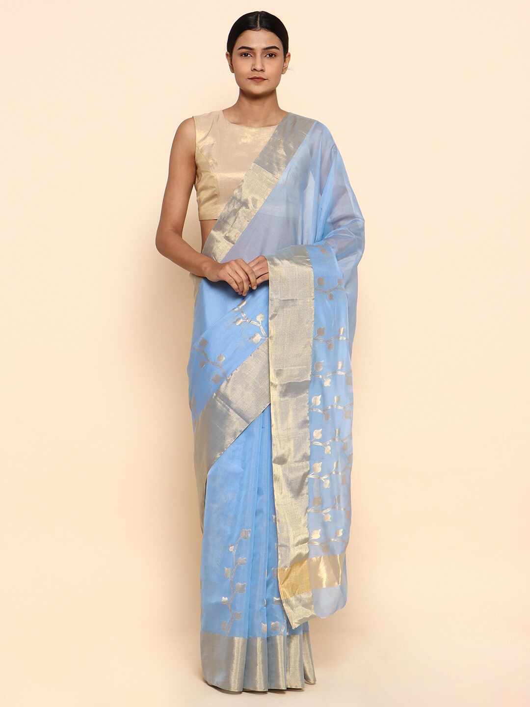 

CHOWDHRAIN Blue & Gold-Toned Ethnic Motifs Silk Cotton Chanderi Saree