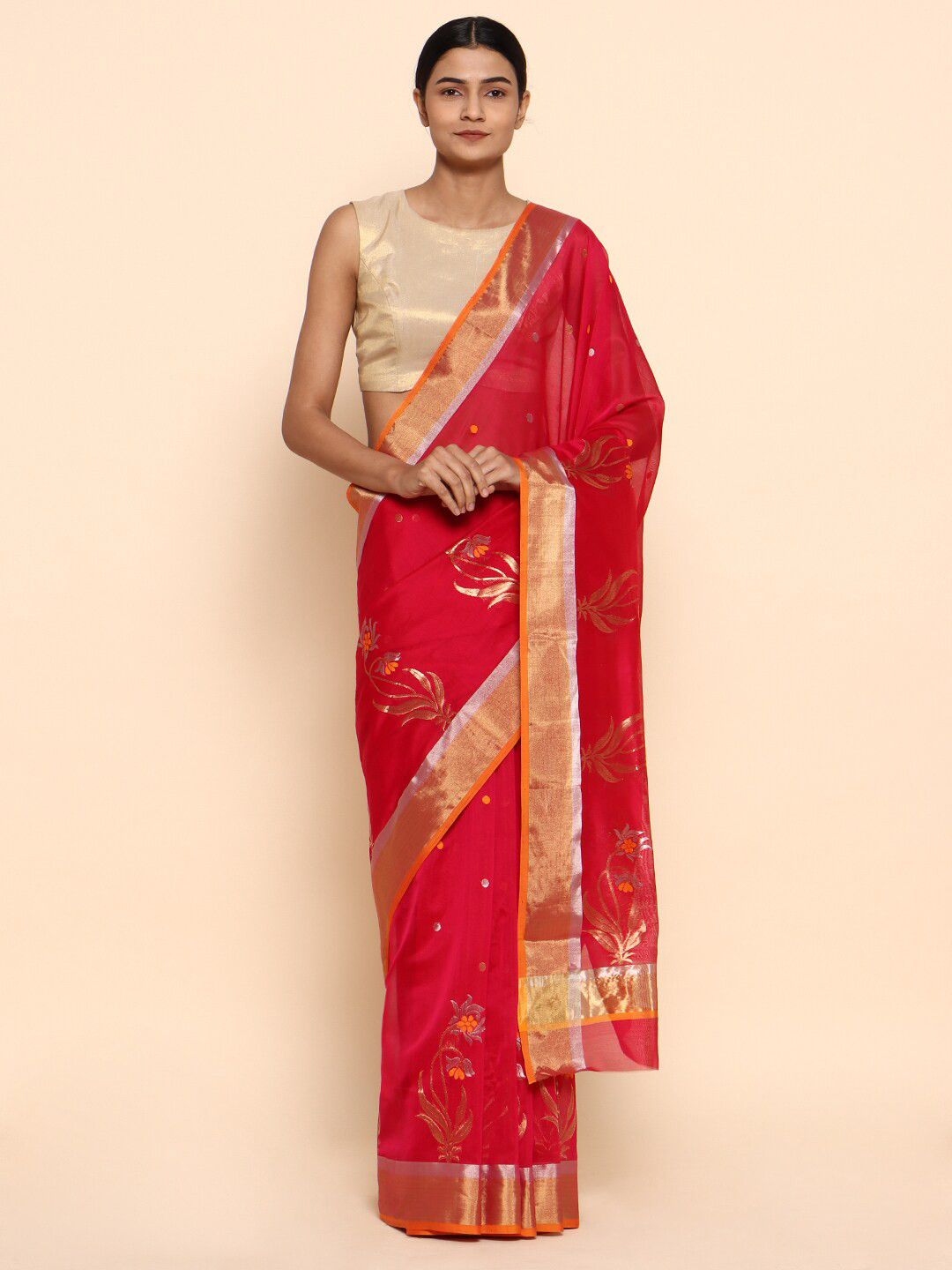 

CHOWDHRAIN Red & Gold-Toned Woven Design Zari Silk Cotton Chanderi Saree