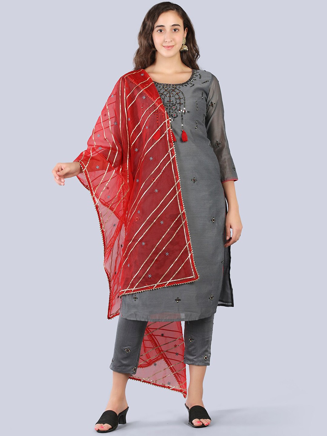 

Pakiza Women Grey Embroidered Layered Mirror Work Pure Cotton Kurti with Trousers & With Dupatta