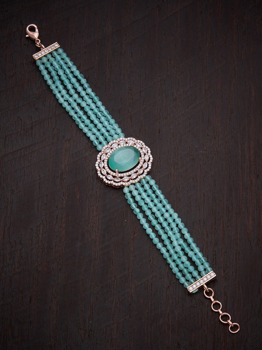 

Kushal's Fashion Jewellery Women Sea Green & Silver-Toned Rose Gold-Plated Cubic Zirconia Wraparound Bracelet