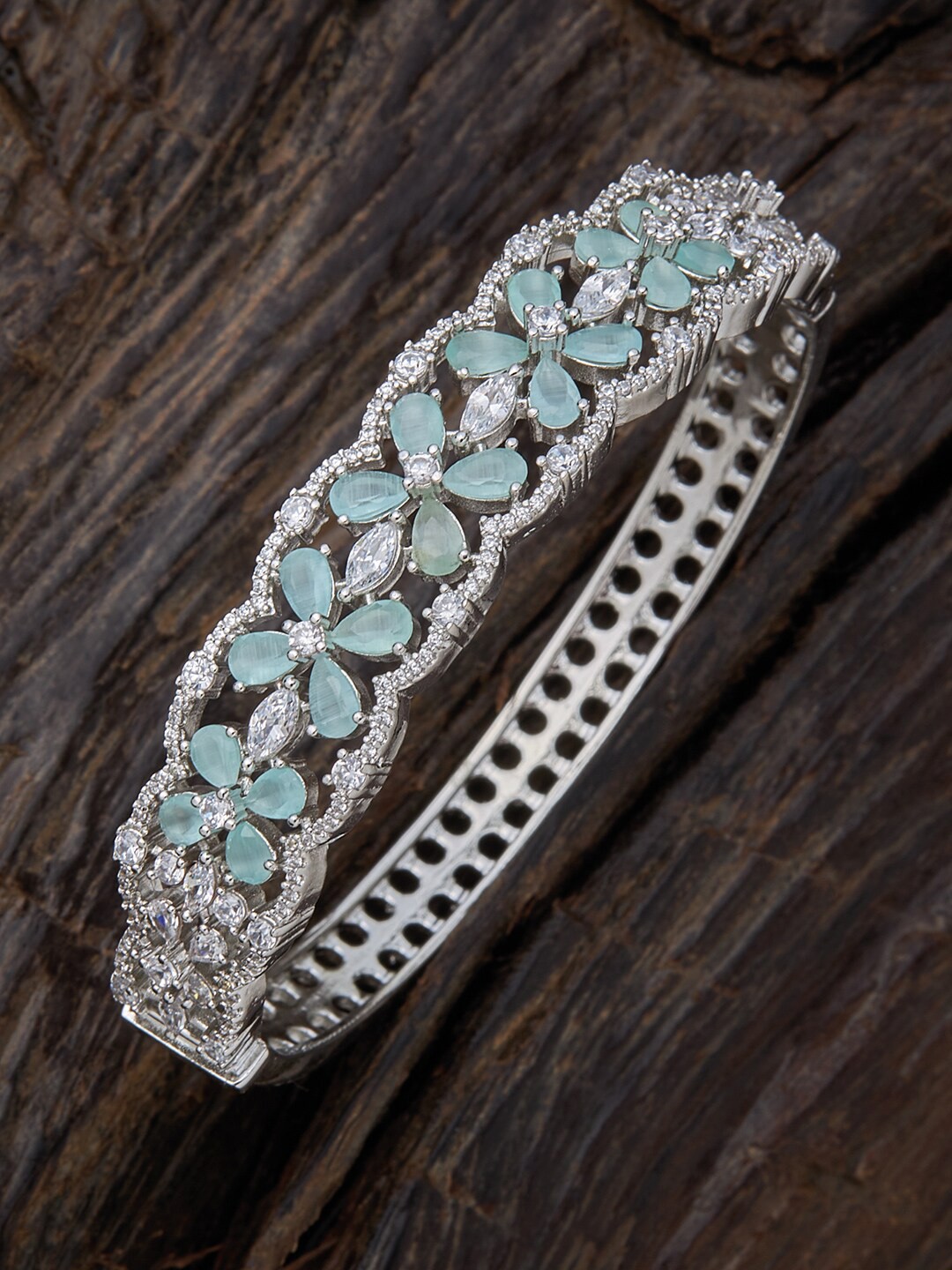 

Kushal's Fashion Jewellery Women Sea Green Cubic Zirconia Rhodium-Plated Kada Bracelet