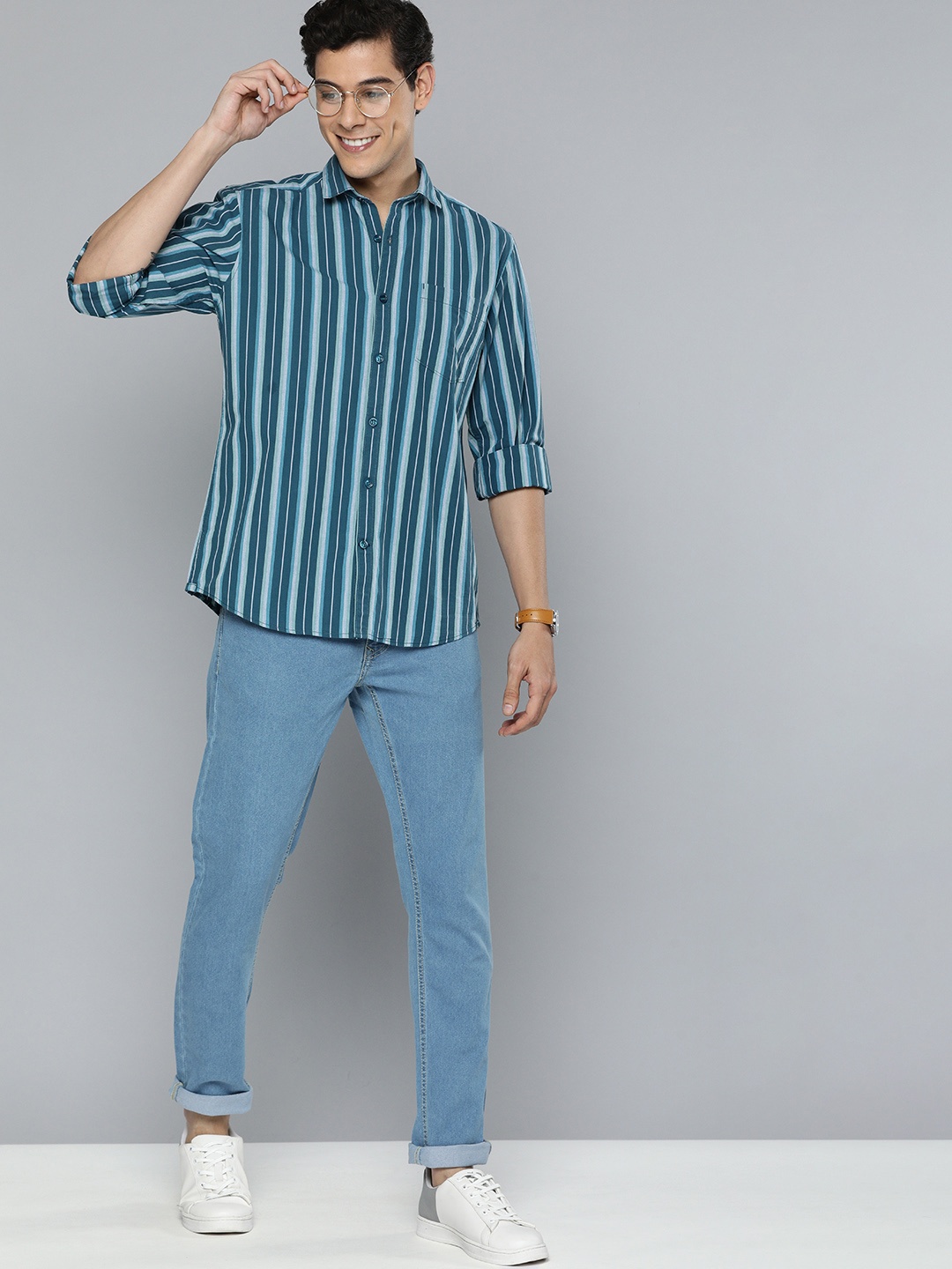 

Mast & Harbour Men Slim Fit Striped Pure Cotton Casual Shirt, Navy blue
