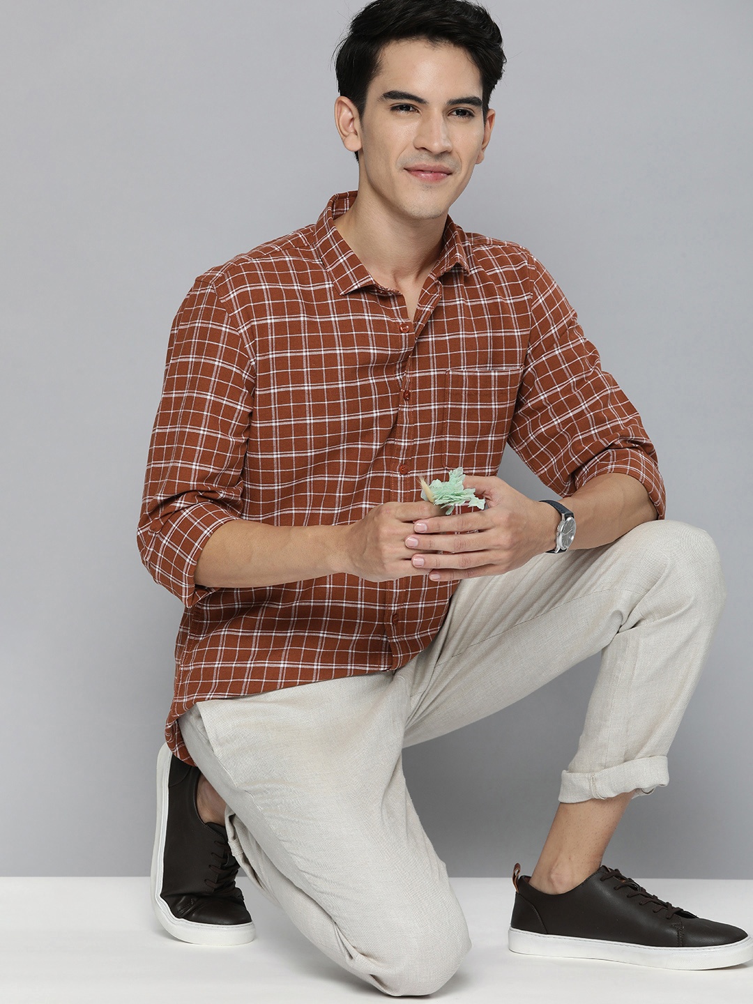 

Mast & Harbour Men Rust Orange % White Checked Cotton Linen Casual Shirt