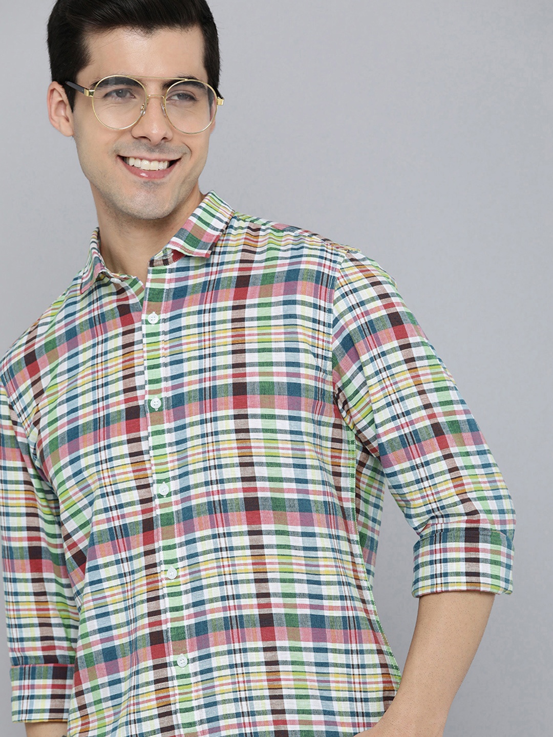 

Mast & Harbour Men Pink & Yellow Checked Cotton Linen Casual Shirt