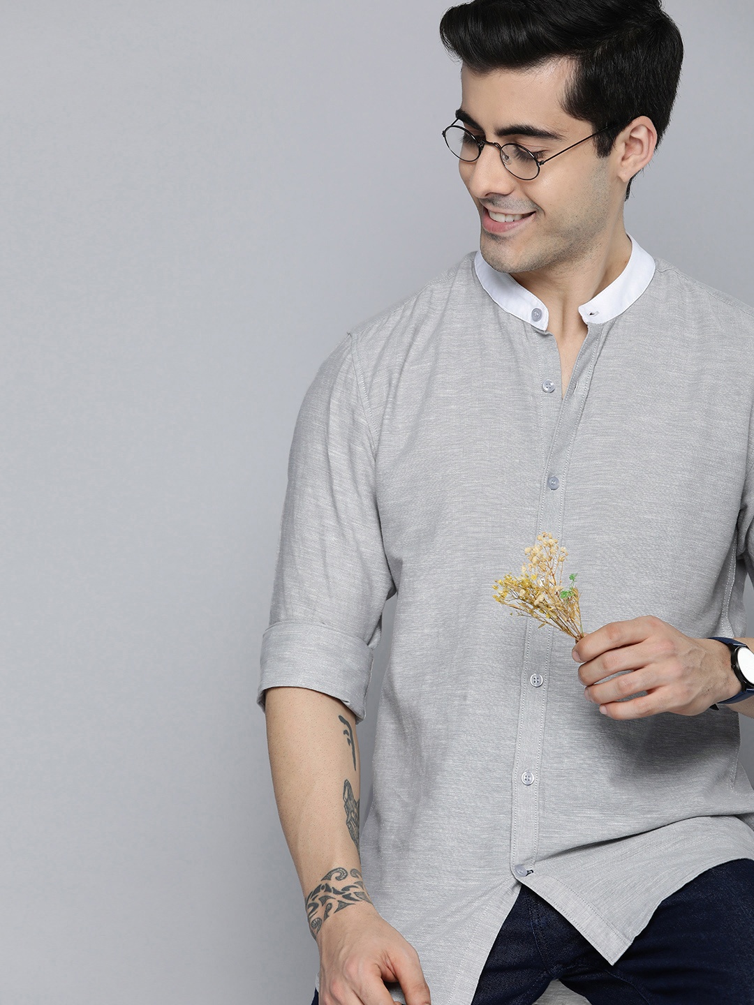 

Mast & Harbour Men Grey Solid Cotton Linen Casual Shirt