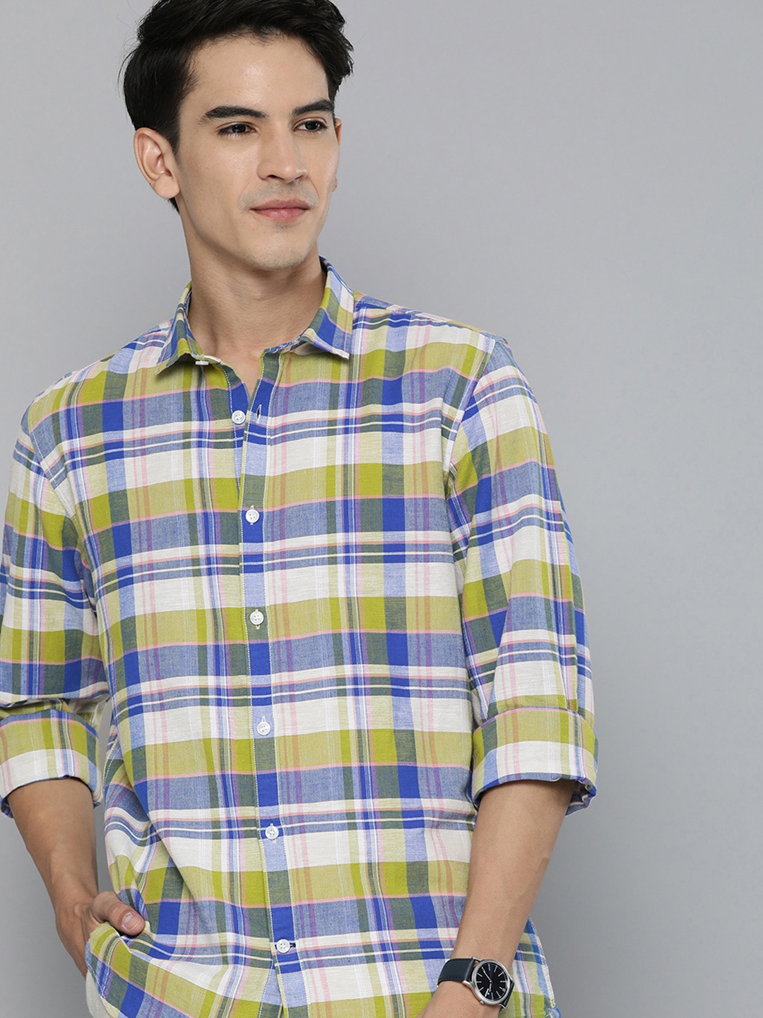 

Mast & Harbour Men Blue & Green Checked Cotton Linen Casual Shirt