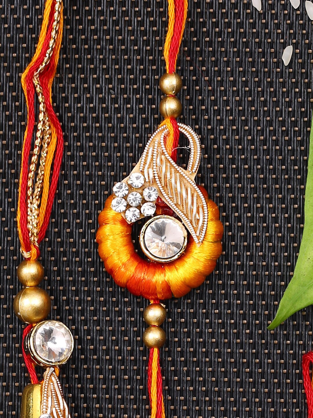 

Aapno Rajasthan Red & Orange Stone-Studded Handcrafted Bhaiya Bhabhi Rakhi Set