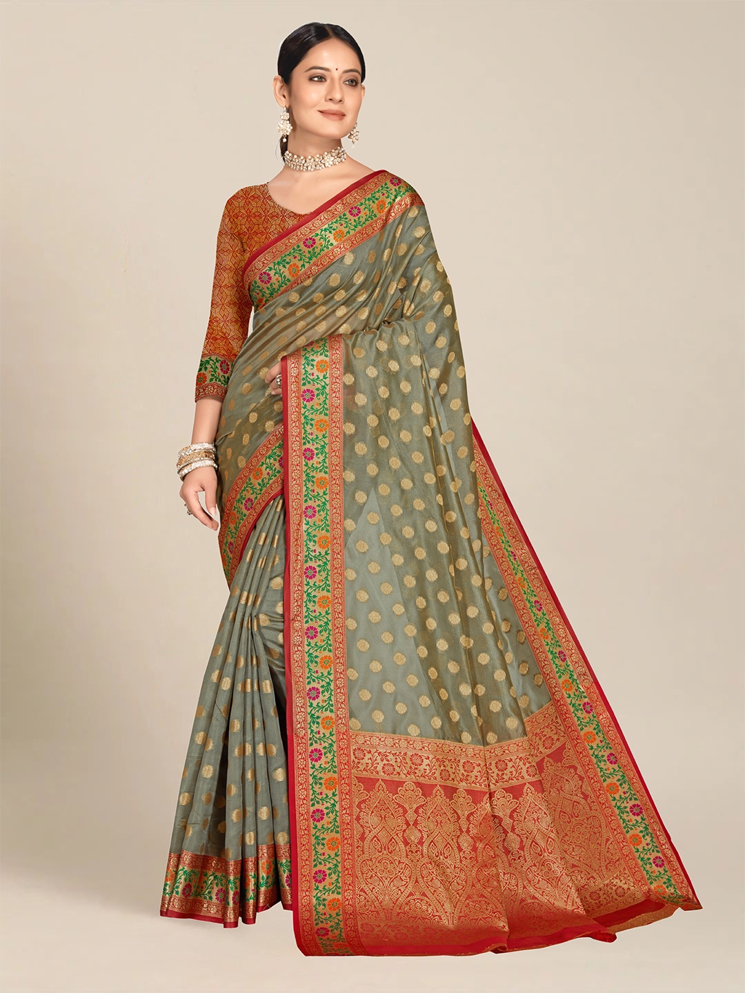 

MS RETAIL Grey & Maroon Ethnic Motifs Zari Organza Banarasi Saree