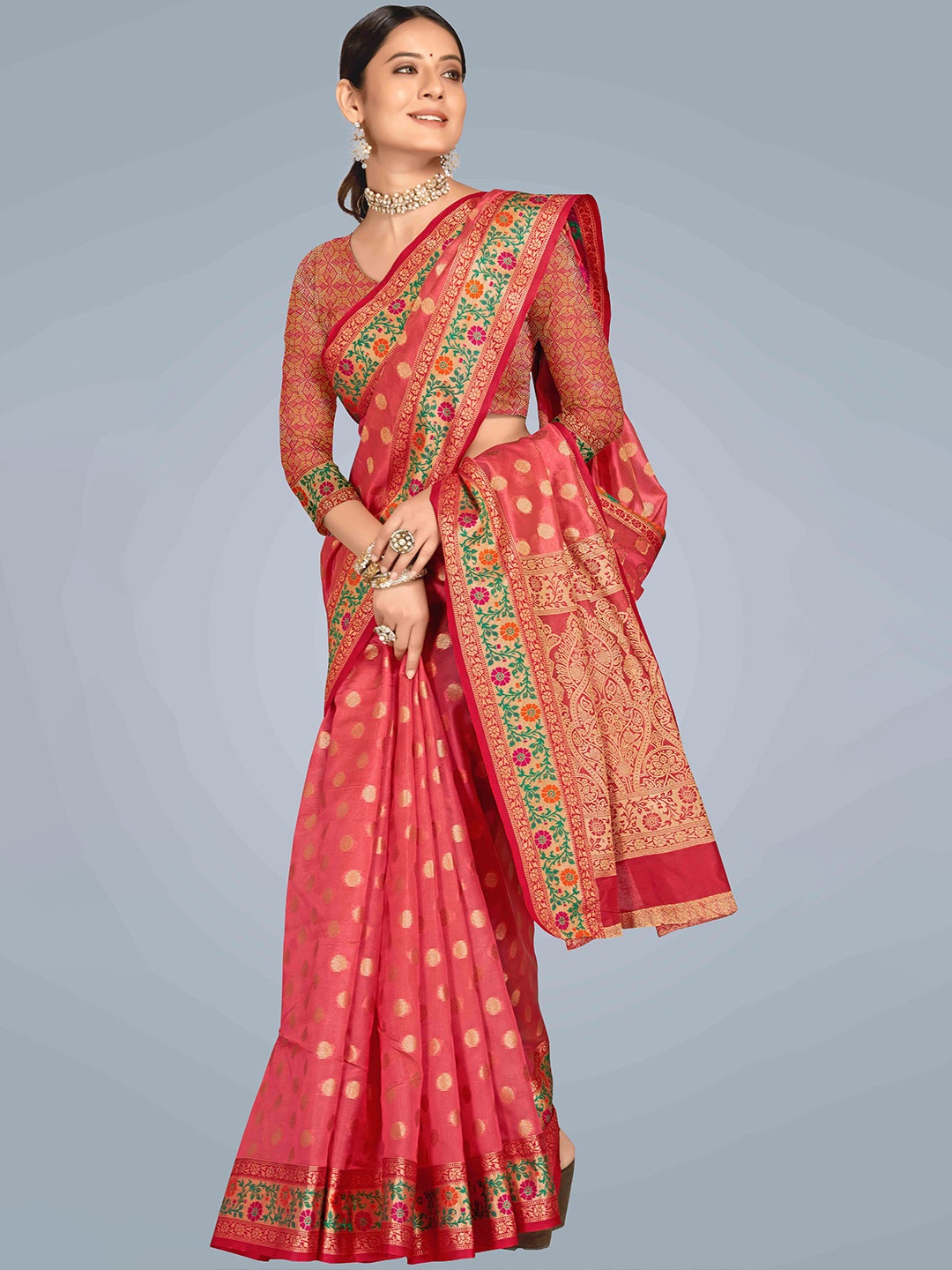 

MS RETAIL Peach-Coloured & Green Woven Design Zari Organza Banarasi Saree