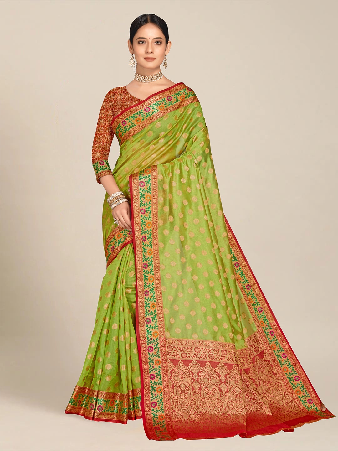 

MS RETAIL Green & Red Woven Design Zari Organza Banarasi Saree