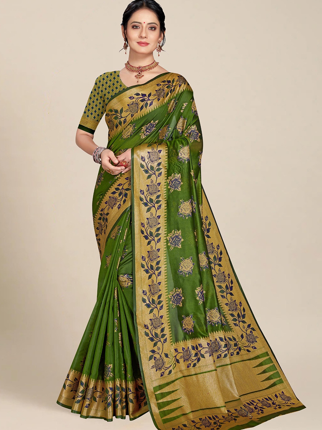

MS RETAIL Olive Green & Golden Ethnic Motifs Zari Organza Banarasi Saree