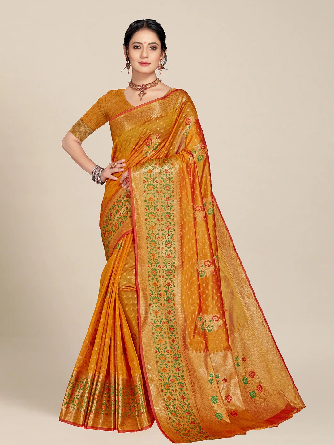 

MS RETAIL Gold-Toned & Orange Woven Design Organza Banarasi Saree