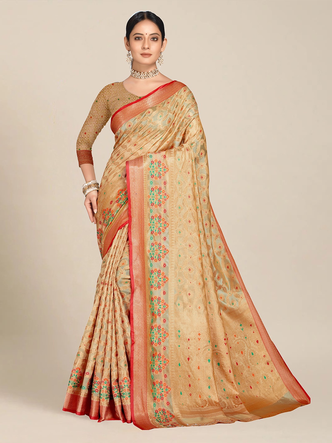 

MS RETAIL Cream-Coloured & Golden Ethnic Motifs Zari Organza Banarasi Saree
