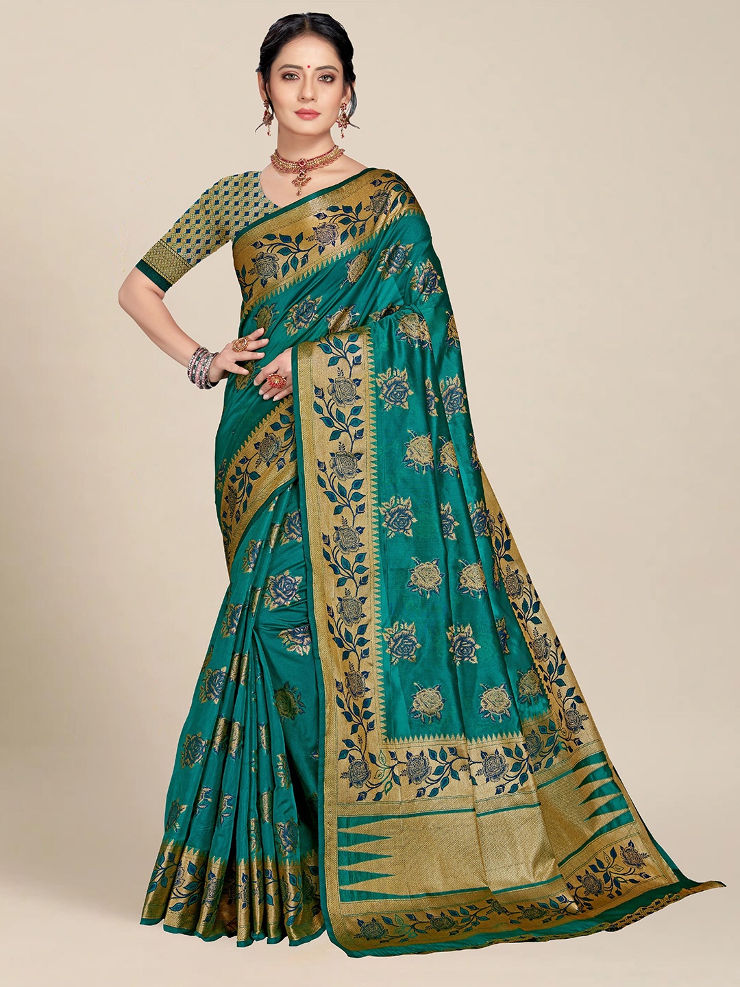 

MS RETAIL Teal & Gold-Toned Woven Design Zari Organza Banarasi Saree