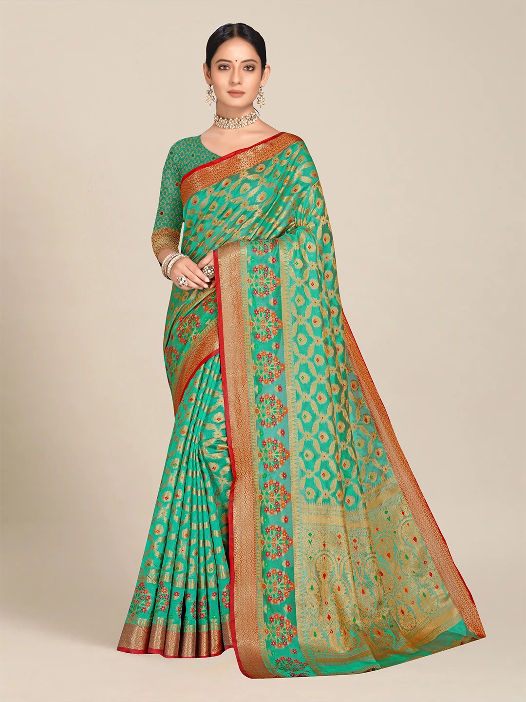 

MS RETAIL Turquoise Blue & Red Floral Organza Banarasi Saree