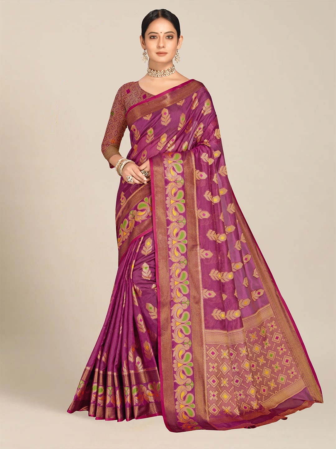 

MS RETAIL Magenta & Gold-Toned Woven Design Organza Banarasi Saree