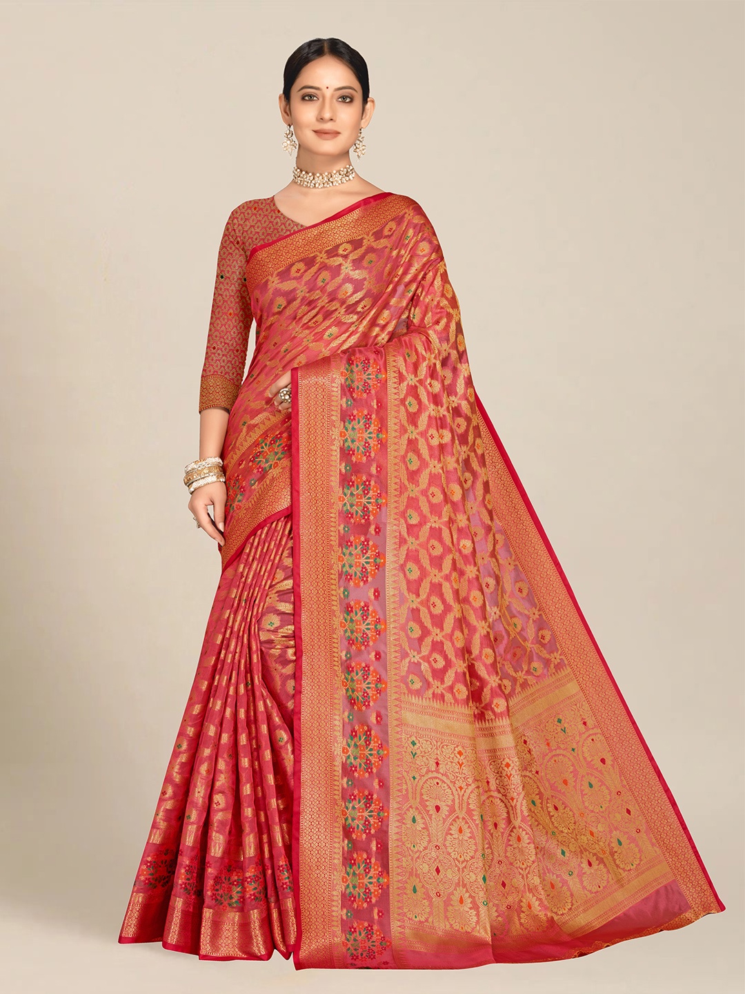 

MS RETAIL Pink & Gold-Toned Woven Design Zari Organza Banarasi Saree