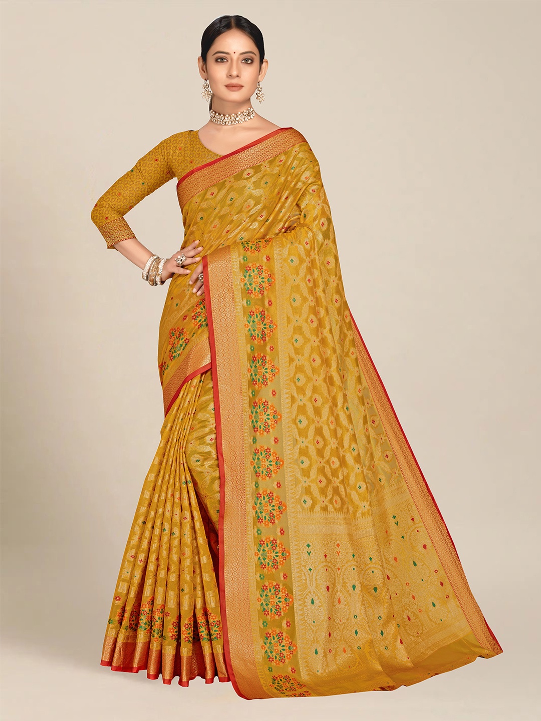 

MS RETAIL Mustard Yellow & Golden Ethnic Motifs Zari Organza Banarasi Saree