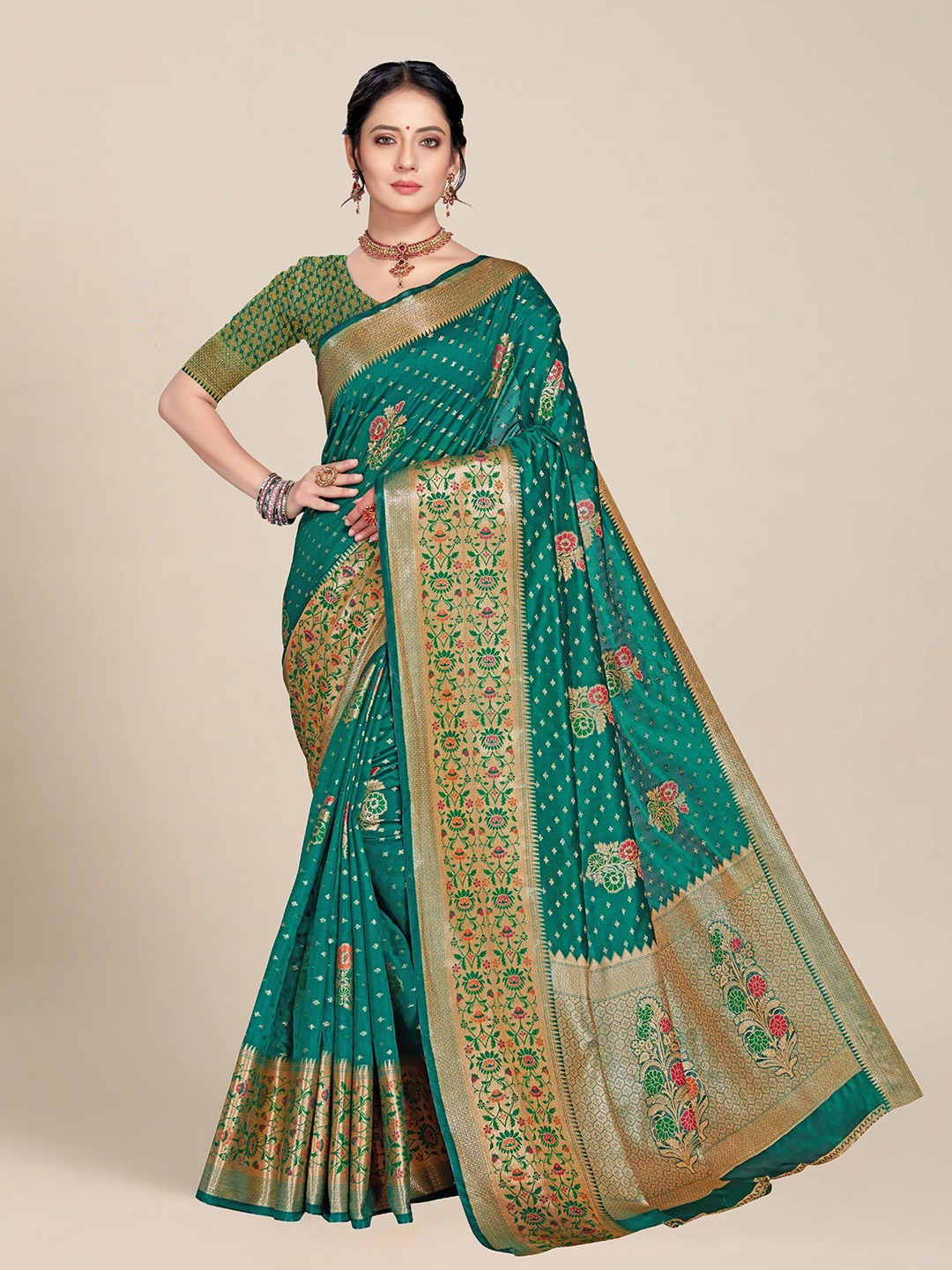 

MS RETAIL Teal & Gold-Toned Woven Design Zari Organza Banarasi Saree