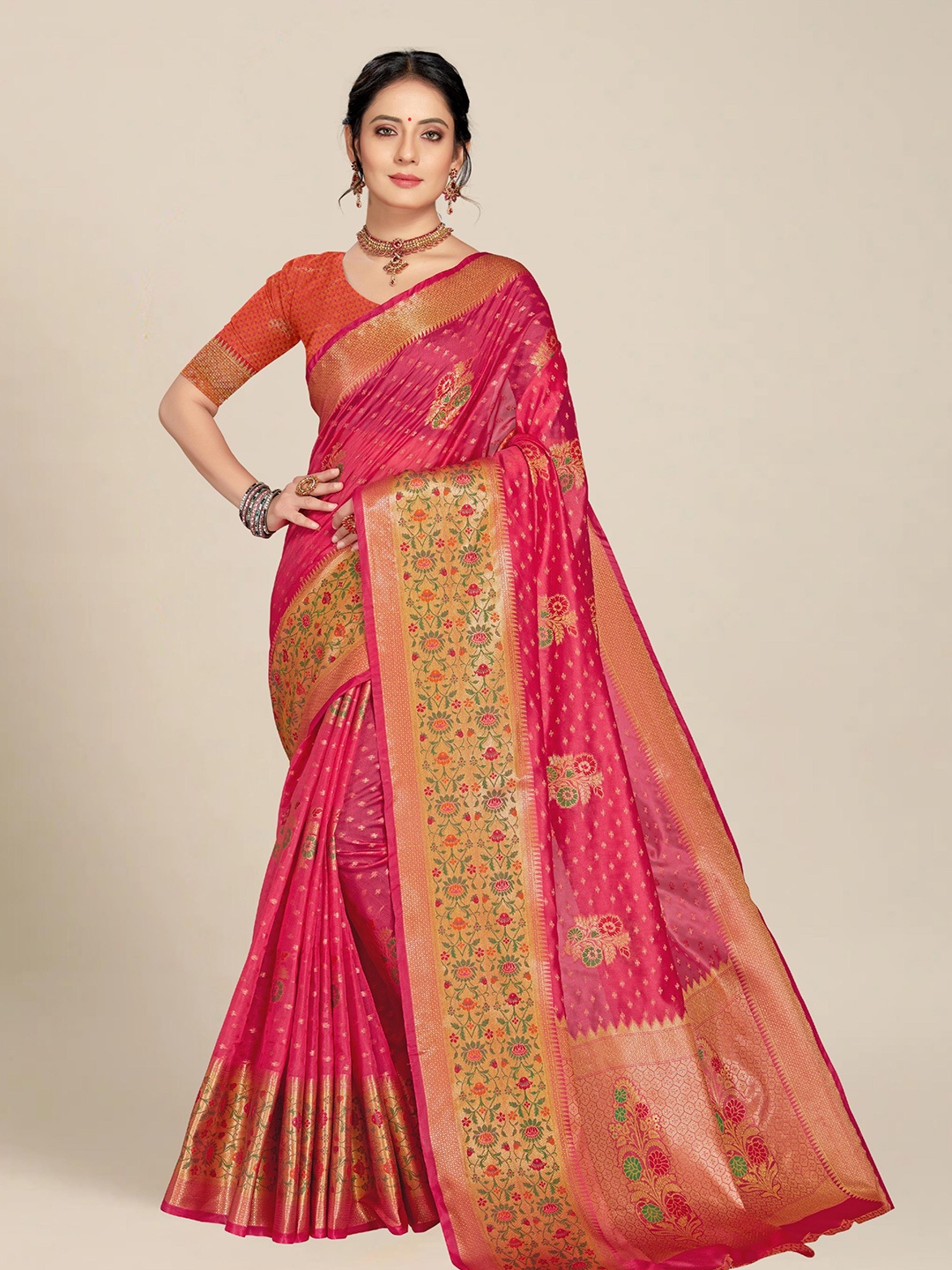 

MS RETAIL Pink & Gold-Toned Woven Design Zari Organza Banarasi Saree