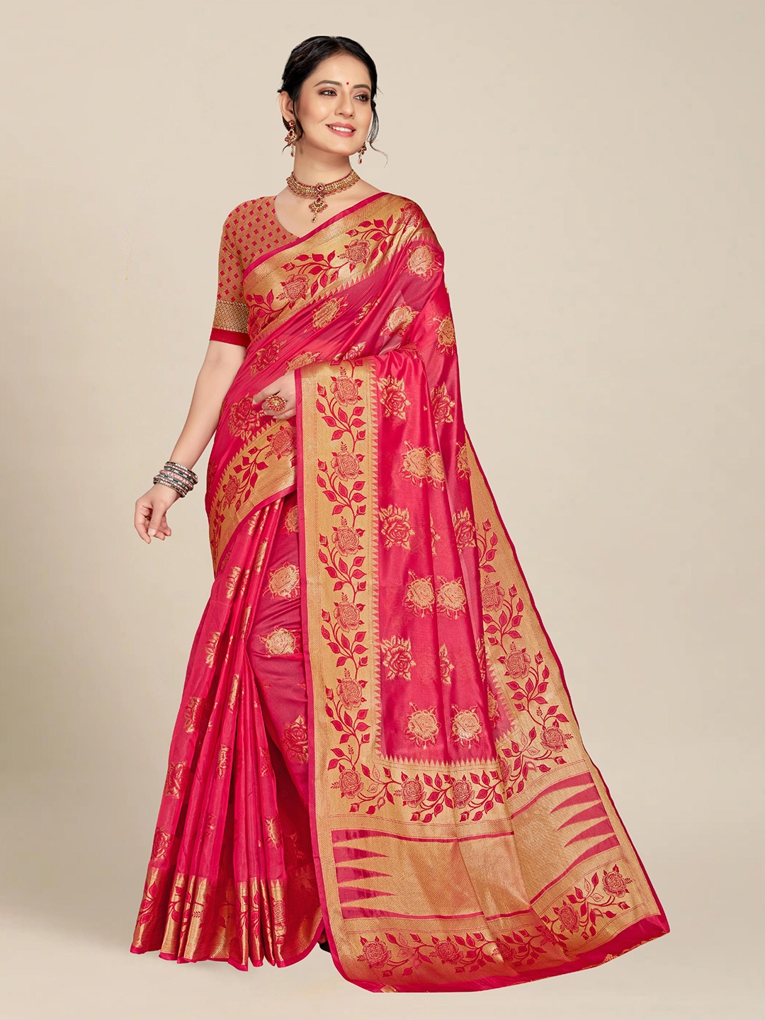 

MS RETAIL Pink & Gold-Toned Ethnic Motifs Zari Organza Banarasi Saree