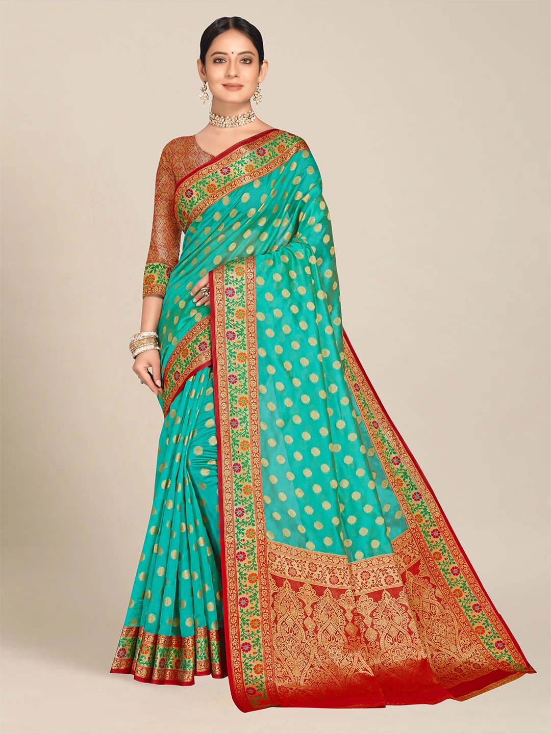 

MS RETAIL Teal & Red Floral Zari Organza Banarasi Saree