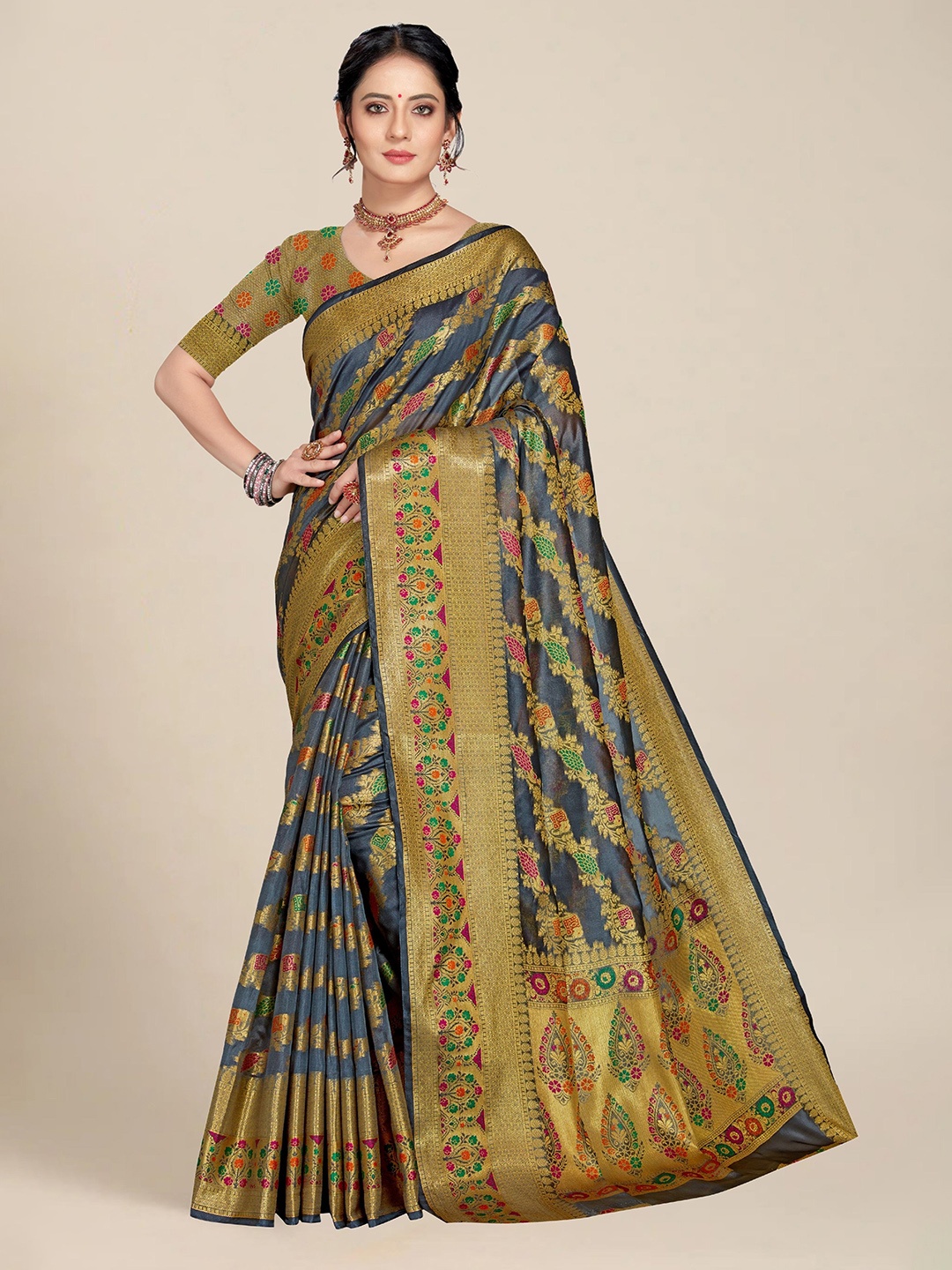 

MS RETAIL Grey & Gold-Toned Organza Banarasi Saree