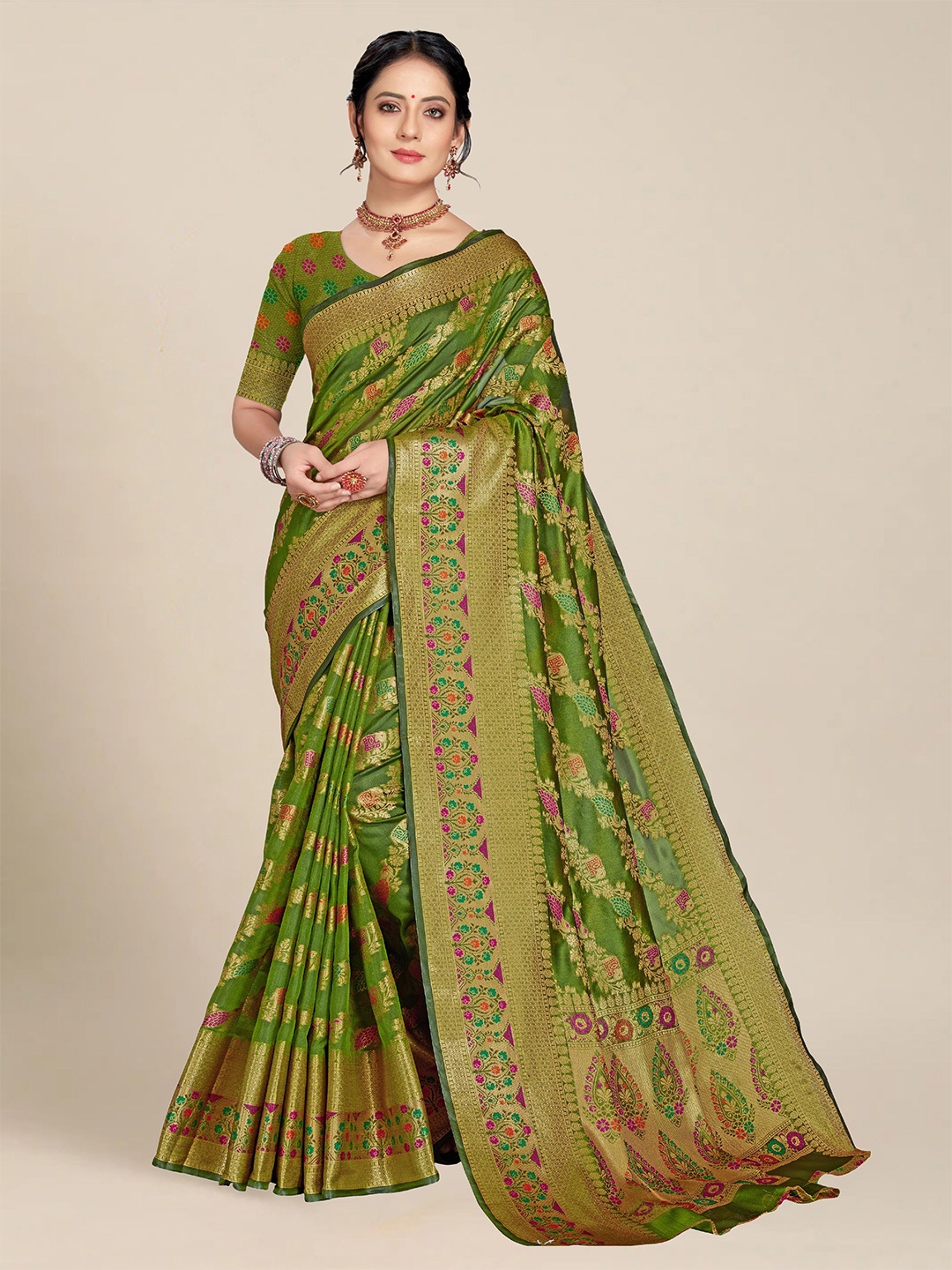 

MS RETAIL Olive Green & Gold-Toned Ethnic Motifs Zari Organza Banarasi Saree