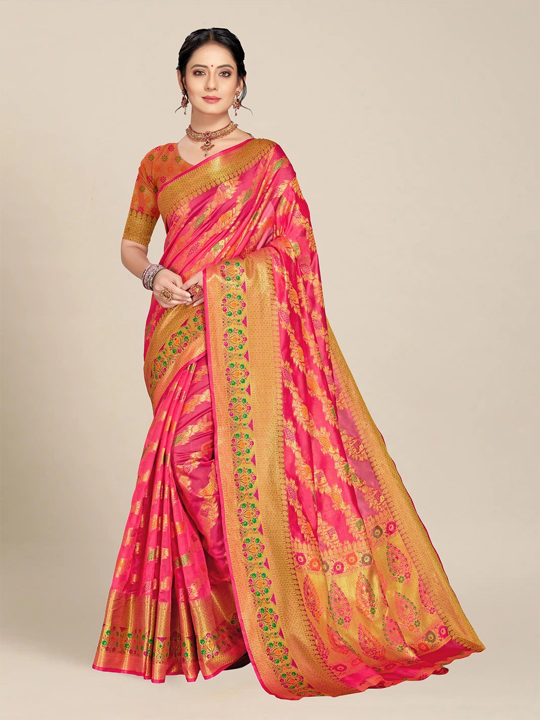 

MS RETAIL Pink & Gold-Toned Woven Design Zari Organza Heavy Work Banarasi Saree