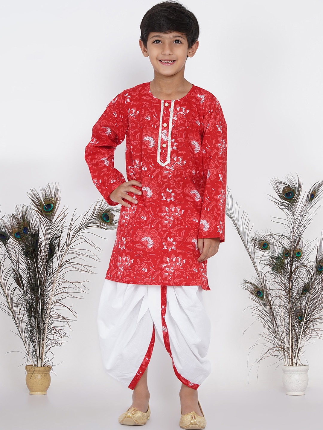 

Little Bansi Boys Multicoloured Floral Printed Pure Cotton Kurta with Dhoti Pants & With Dupatta, Multi