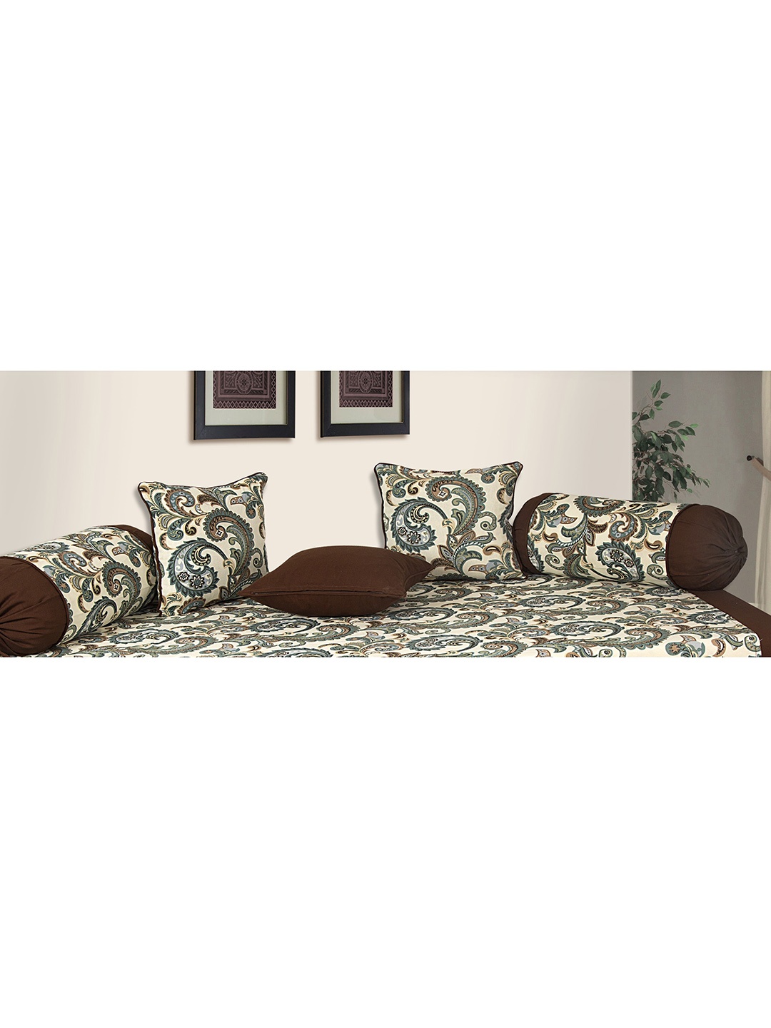 

SHADES of LIFE Set Of 6 Brown Printed Woven Diwan Set With Bolsters & Cushions