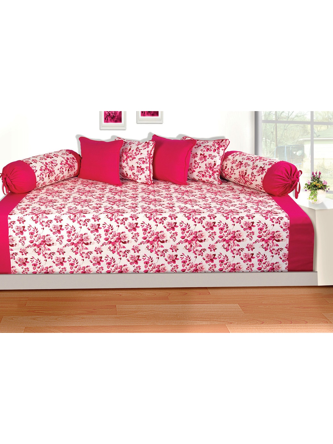 

SHADES of LIFE White & Pink Floral 8-Pcs Cotton Bedsheet With Bolster & Cushion Covers