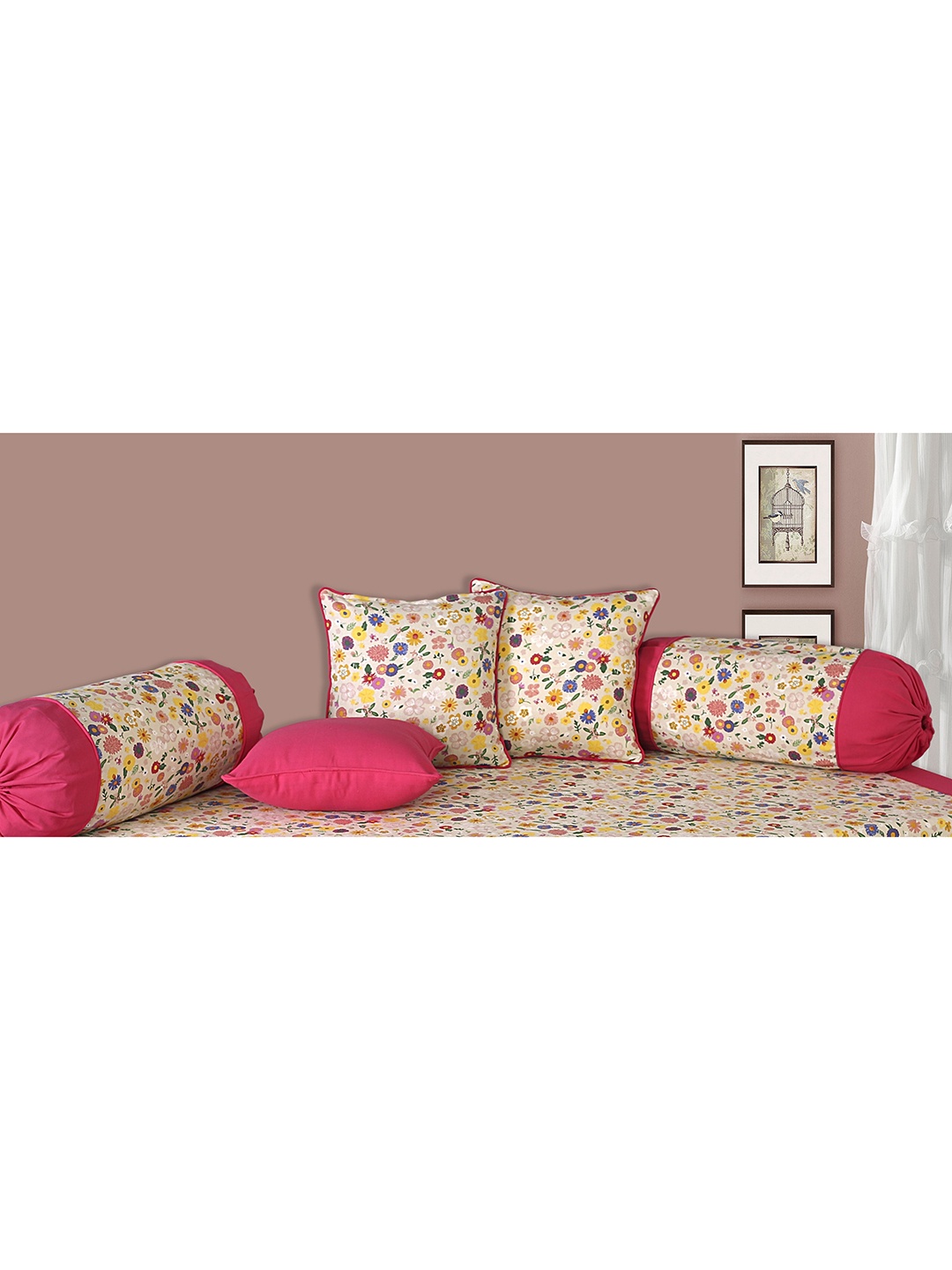 

SHADES of LIFE Set Of 6 Pink & Beige Floral Printed Cotton Diwan Set