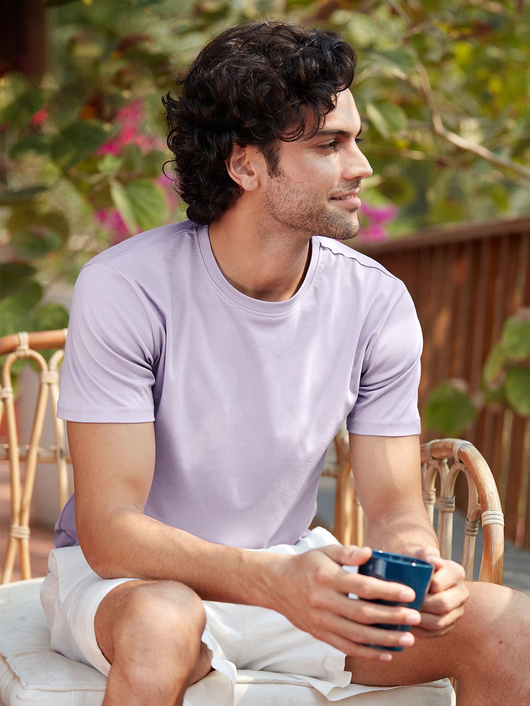 

The Souled Store Men Lavender V-Neck Raw Edge T-shirt