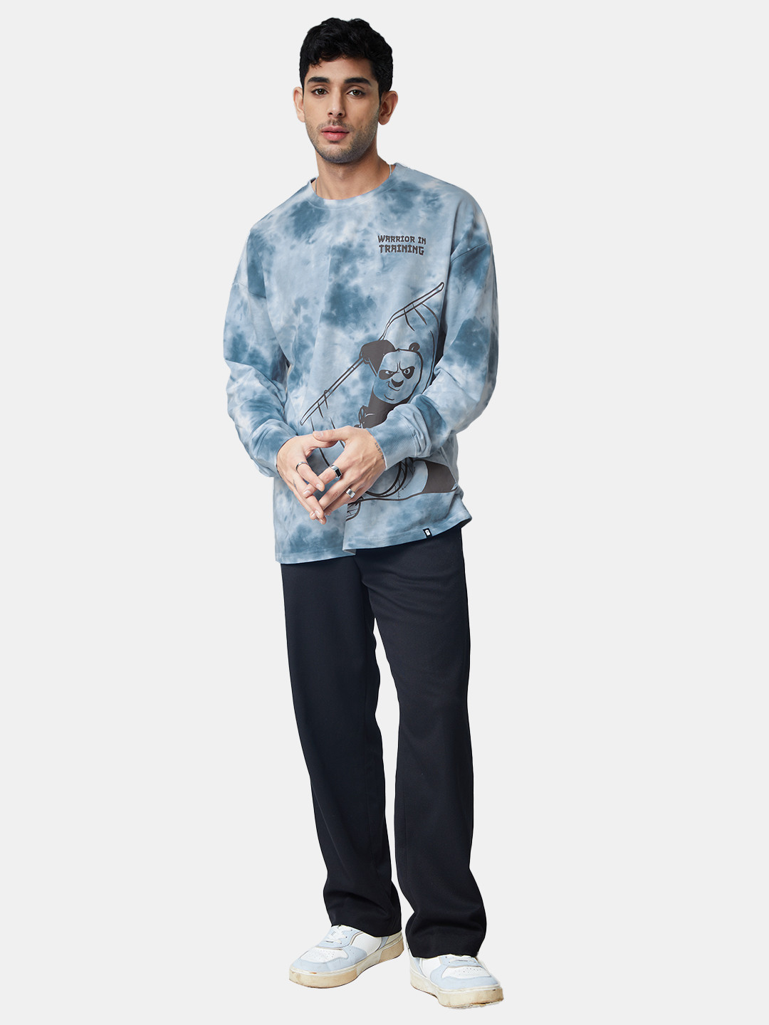 

The Souled Store Men Blue Printed V-Neck Extended Sleeves Raw Edge T-shirt