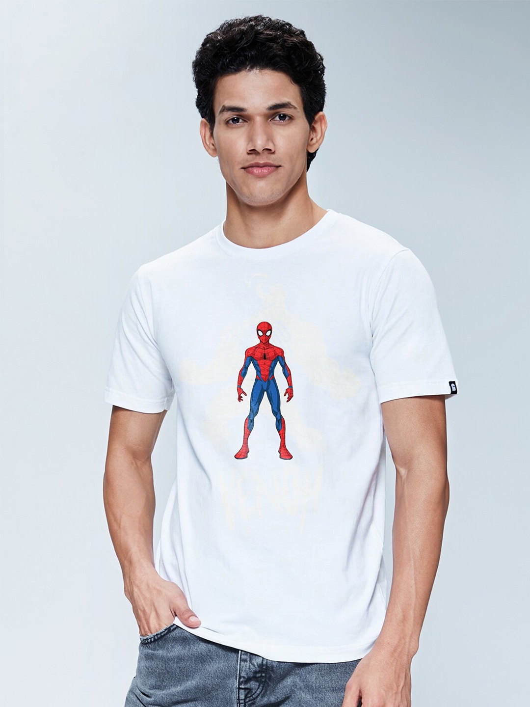 

The Souled Store Men White Spider-Man Printed Applique T-shirt