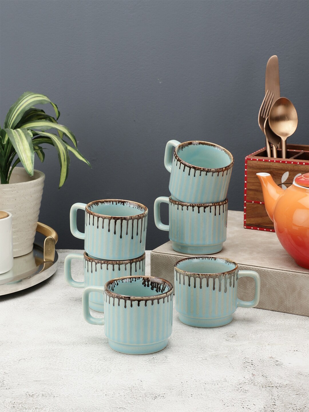 

VarEesha Sea Green & Grey Handcrafted and Hand Painted Solid Ceramic Glossy Cups Set of Cups and Mugs