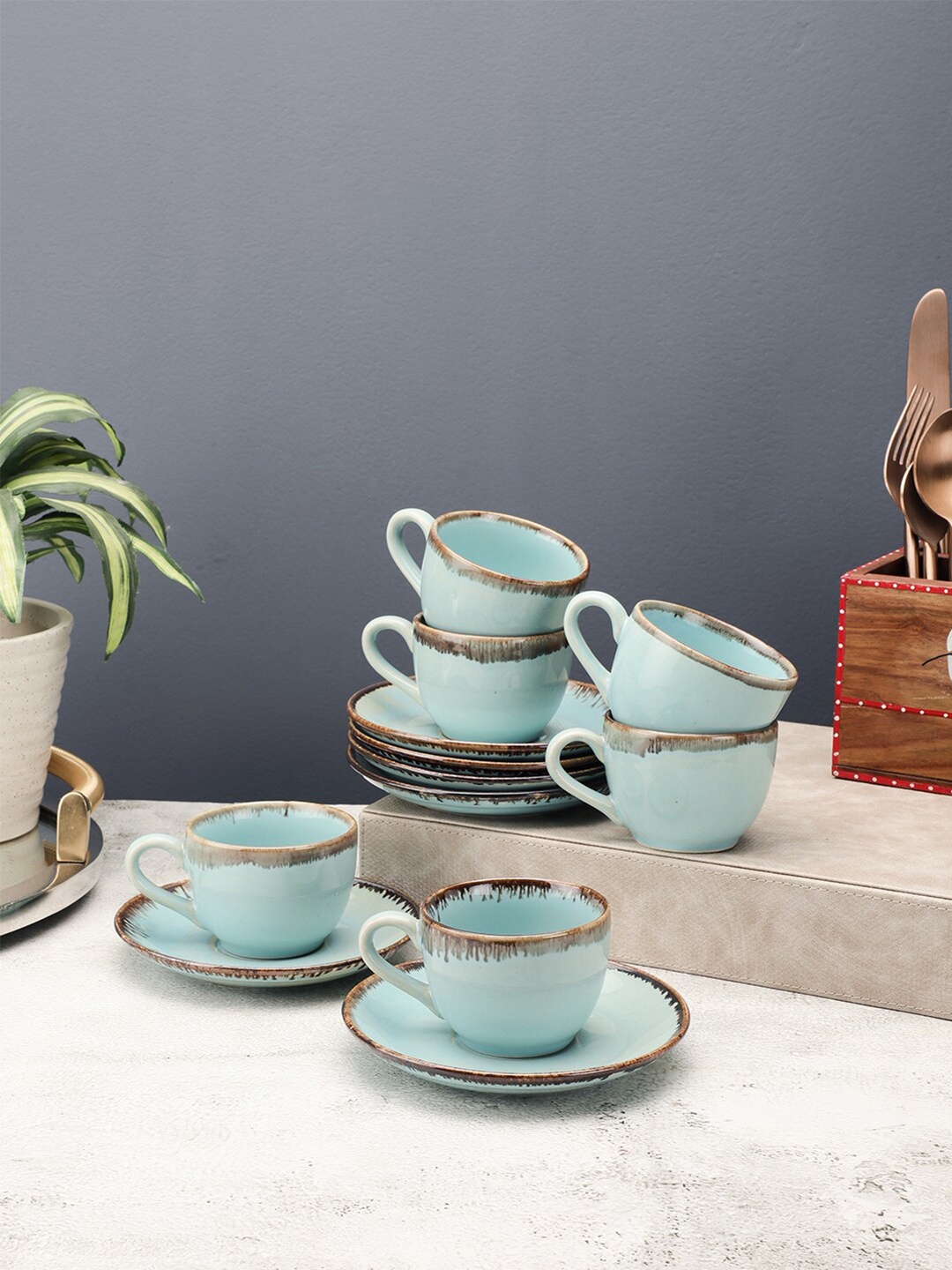 

VarEesha Set of 6 Sea Green & Grey Solid Ceramic Glossy Cups & Saucers