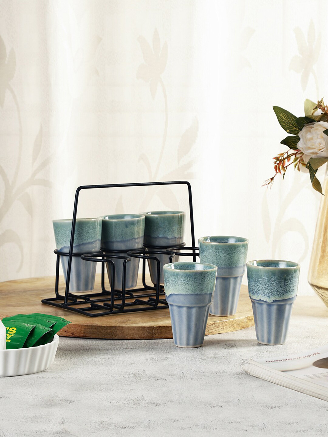 

VarEesha Pack Of 6 Sea Green Solid Ceramic Glossy Tea Glasses with Holder