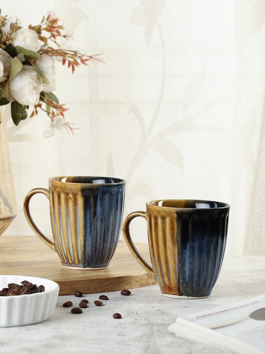 

VarEesha Mustard Handcrafted and Hand Painted Textured Ceramic Glossy Mugs Set of Cups and Mugs