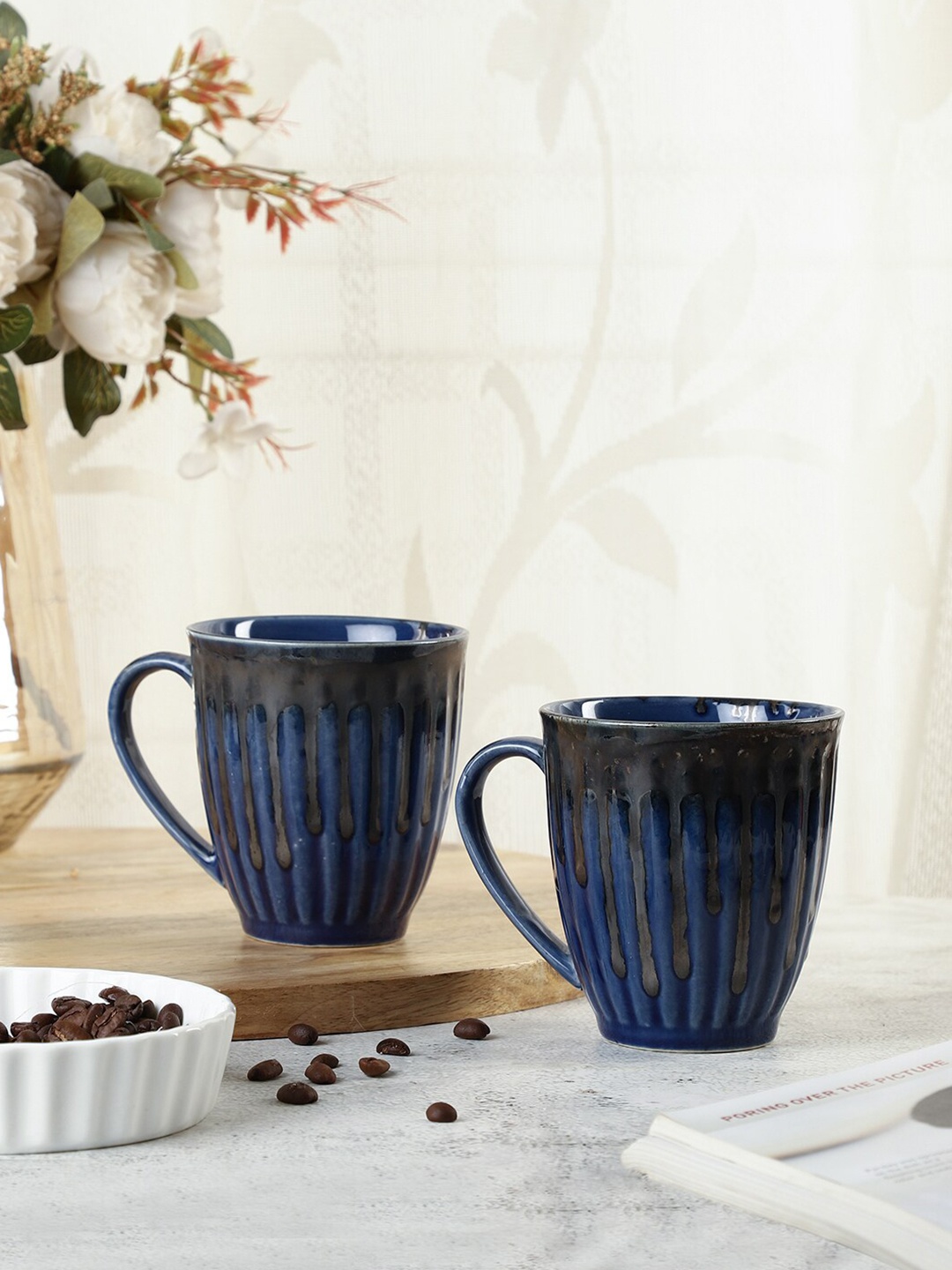 

VarEesha Set of 2 Blue & Black Textured Ceramic Glossy Mugs